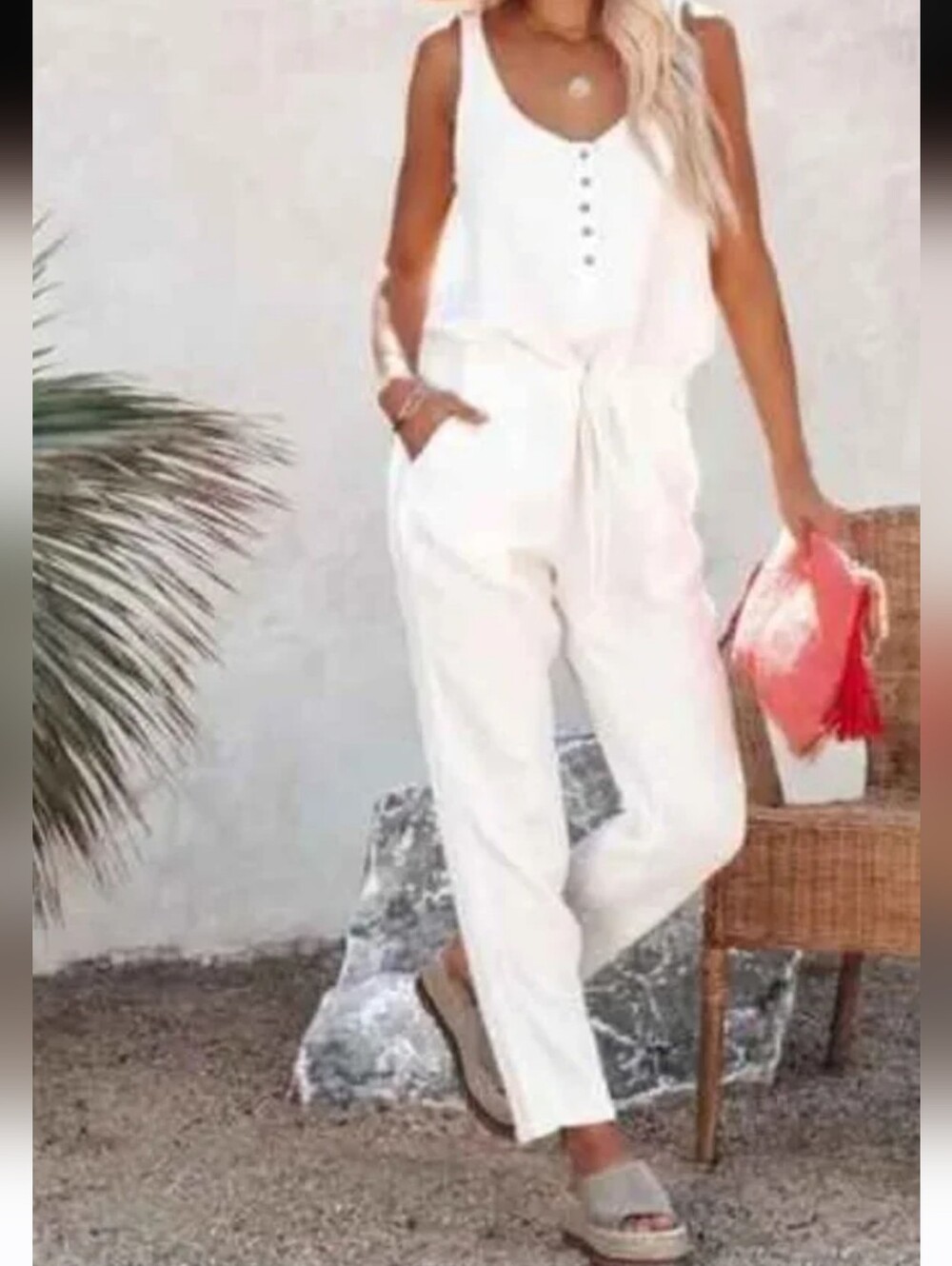 FLAWLESS White Sleeveless Button-Front Tie-Waist Jumpsuit